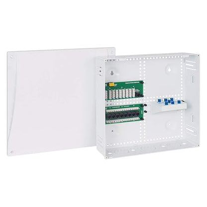 ICC 14” Plastic Structured Wiring Enclosure with Cover, Media Enclosure with CAT6 8-Port PoE++, 1x8 Bridged Telephone RJ31X, & 1x6 Video, Cable Management Box, UL Listed TAA Compliant, ICRESDP14K