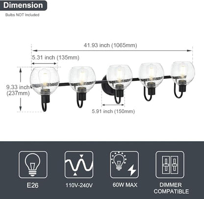 WINSHEN 5-Lights Black Bathroom Vanity Light Fixtures Over Mirror, Modern Vanity Wall Sconce Lighting with Globe Seeded Glass Lampshades for Bedroom Kitchen Hallway