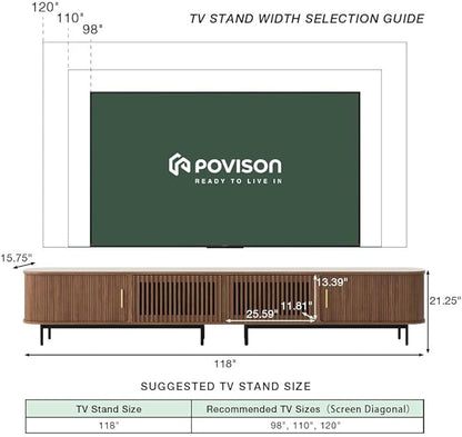 POVISON Fully-Assembled Sliding Tambour Door TV Stand, Mid Century Modern Sintered Stone TV Console, Wood Media Console, Entertainment Center with Storage Cabinet (Walnut, 118.11")