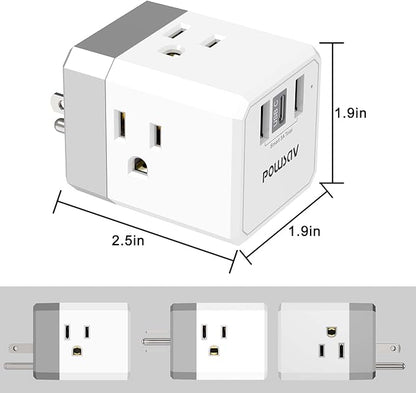 Cruise Ship Essentials, 3-Side Outlet Splitter with 3 USB Ports(1 USB C) USB Wall Charger, Outlet Extender for Home, Office and Cruise, ETL Listed, White