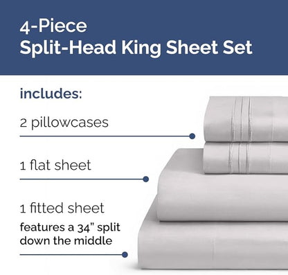 Split Head King Sheets Set - Top Split King Sheets for Adjustable Beds, Easy-Fit Split Head King Mattress - Flex Split Top King Sheets, Easy-Fit, Breathable, Deep Pocket Split King Sheets - Light Grey