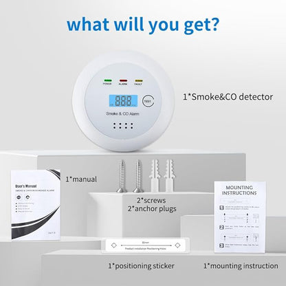 2 in1 Smoke Detector Carbon Monoxide Detector Combo,with LCD Digital Display and Sound Warning Test Button，Battery Powered，Easy Installation, for Home, Bedroom, Kitchen (3PACKS)