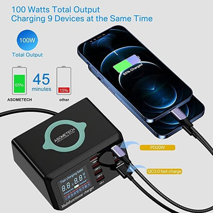 USB Charger Hub ASOMETECH 100W 8-Port Desktop Multiple USB Charging Station with PD Port, Quick Charge 3.0 Port, Wireless Charger, LCD Display Fast USB C Charger for iPhone 12, Tablet and More