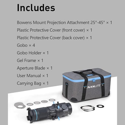 NANLITE Bowens Mount Projection Attachment 25°-45° Optical Snoot Photography Kit Lens Modifier for Nanlite FS-300C/300B FC-300B/300C FC-500B/500C Forza 300/300B/500/500B Aputure 300DII 300C 300X 600D