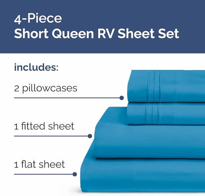 RV Short Queen Sheet Set 60 X 75 - 4 Piece RV Short Queen Bed Sheets - Soft, Breathable & Cooling - Designed for Bunks, Trailers & Campers - Fits 8” to 12" Mattress - Hotel Luxury Bedding - Denim Blue