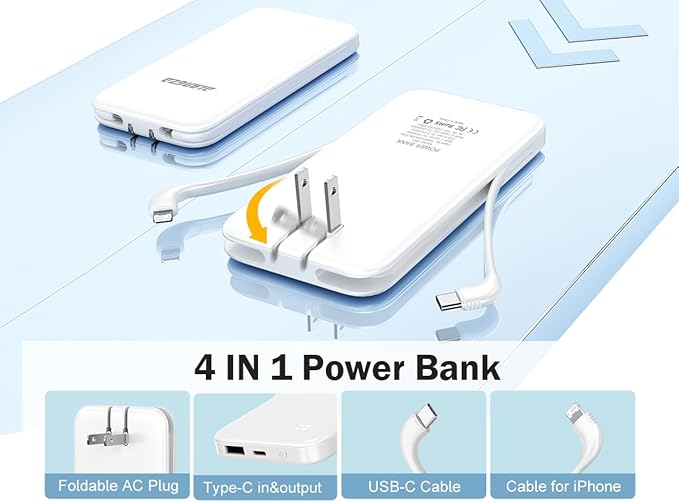 Alongza Portable Charger Built-in Cables and AC Wall Plug, Slim Fast Charging Power Bank 10000mAh, Lightweight USB C External Battery Pack Compact Travel Cell Phone Charger