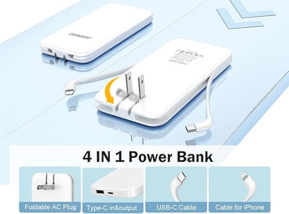 Alongza Portable Charger Built-in Cables and AC Wall Plug, Slim Fast Charging Power Bank 10000mAh, Lightweight USB C External Battery Pack Compact Travel Cell Phone Charger