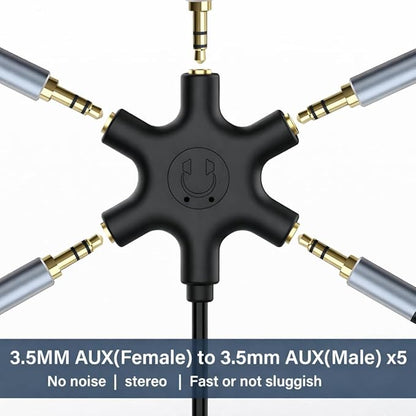Mizi 5-Way 3.5mm Headphone Splitter - Stereo Audio Adapter with 1 Male to 5 Female Jacks, Gold-Plated Connectors, Compatible with iPhone, iPad, Smartphones, Tablets, MP3 Players - Black