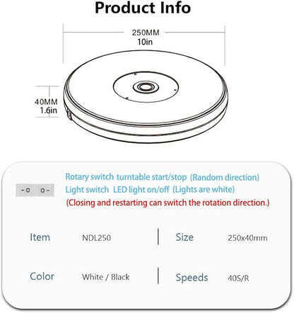 YVV LED Rotating Display Stand White 10 Inch 360° Motorized Turntable with LED Light, USB Powered Display Base for Product Photography, Jewelry Showcase, 22lb Capacity