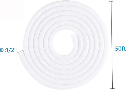 QCSIW 1/2 inch x 50ft Split Sleeve Wire Loom Tubing - Durable Cord Protector for USB, Power Cords, Audio/Video Cables | Chew-Proof Cable Sleeve to Protect Pets & Wires | Easy Installation, White