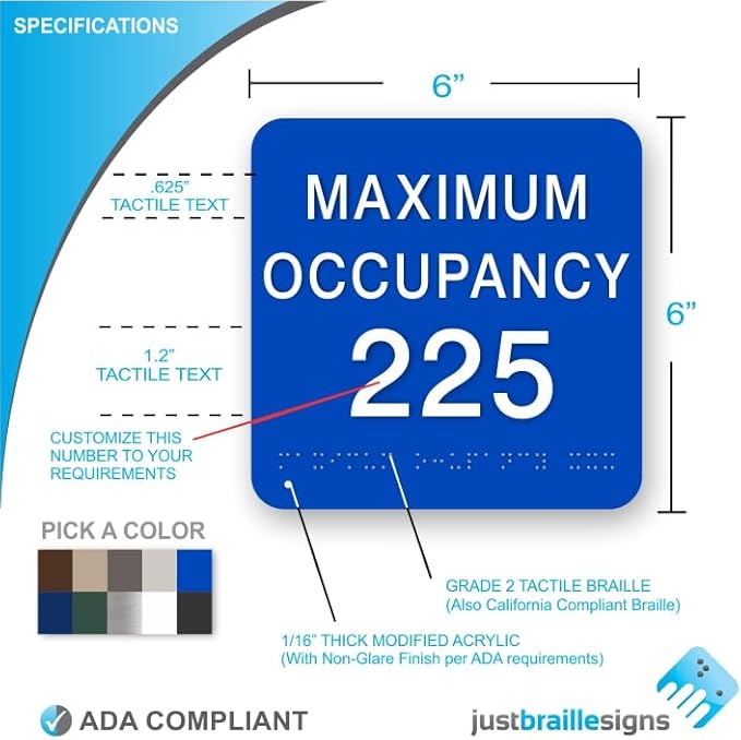 JUSTBRAILLESIGNS CUSTOMIZABLE MAXIMUM OCCUPANCY braille sign, 6” x 6”, Max Occupancy Identification Sign for business, buildings, elevators, etc., Many Colors Choices, Made in USA (White)