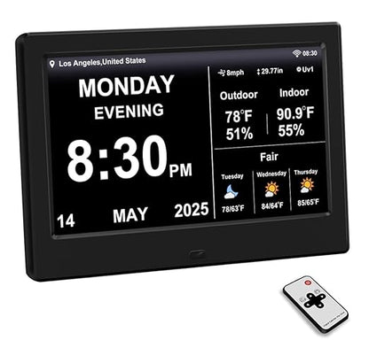FEYBYLA 2025 New Digital Clock with Temperature/Humidity & Weather Forecast, Auto Time Sync Large Display, Custom Alarms & Medication Reminders, Ideal for Elderly(Black, 7-Inch)
