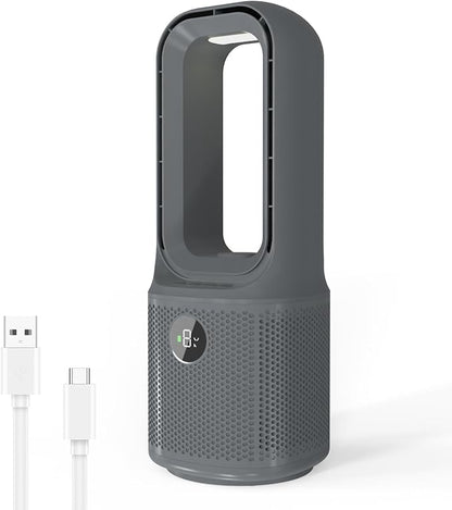 MEIIS Desk Fan Bladeless, 14 Inch USB Rechargeable Tower Fan with 9 Speed Adjustable, 3 Light, 60° Oscillating, 9H Timer, 5000mAh Battery Cooling Small Table Fan for Bedroom, Office, Nightstand, Grey
