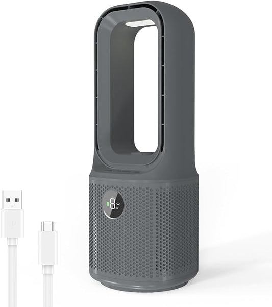 MEIIS Desk Fan Bladeless, 14 Inch USB Rechargeable Tower Fan with 9 Speed Adjustable, 3 Light, 60° Oscillating, 9H Timer, 5000mAh Battery Cooling Small Table Fan for Bedroom, Office, Nightstand, Grey