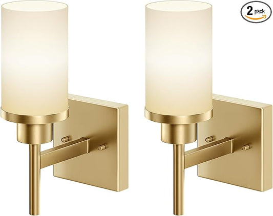 AONEON Vanity Lighting Fixtures with White Frosted Glass Shade, Modern Gold Wall Lamps for Bathroom Mirror Bedroom Living Room Porch, 2 Pack T001GD-L1-P2