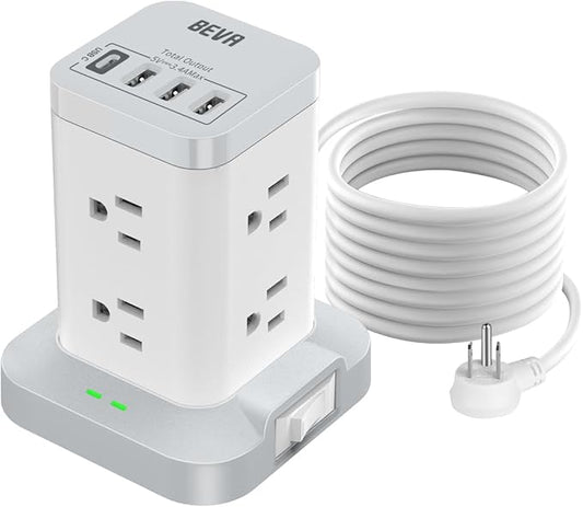 BEVA Surge Protector Tower with 8 AC & 4 USB(USB-C) Ports, 6.5 FT Extension Cord - Charging Station for Office & Dorm Room