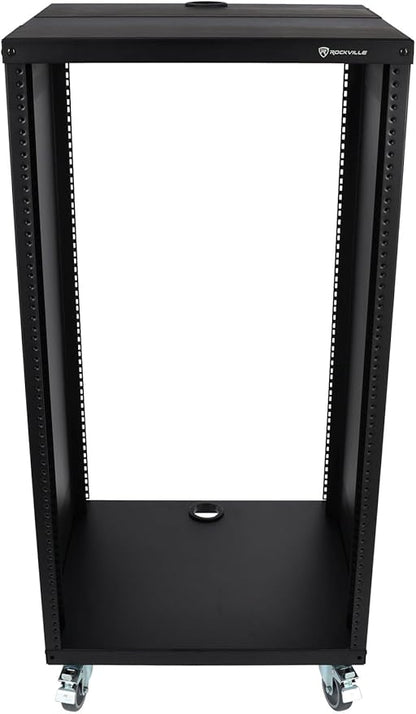 Rockville RR20U 20U Live Sound/Recording Studio Rack Case with Wheels, Reversible Rack Rails, Front & Rear Mounting, Cable Management Ports, 440lb Capacity
