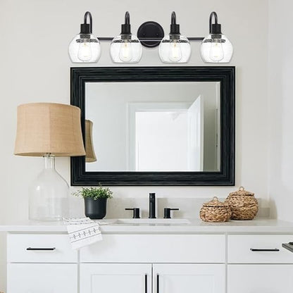 WINSHEN 4-Lights Contemporary Bathroom Light Fixtures Over Mirror with Seeded Globe Glass Shades, Black Rustic Vanity Wall Lighting for Bedroom Dressing Cabinet