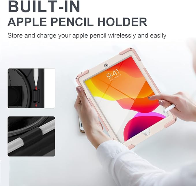 ZenRich Shockproof Case for iPad 9th/8th/7th Generation 10.2 inch 2021/2020/2019, Heavy Duty Rugged Case with Pencil Holder/360° Rotating Kickstand/Handle/Carrying Strap, SakuraPink