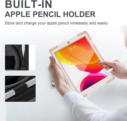 ZenRich Shockproof Case for iPad 9th/8th/7th Generation 10.2 inch 2021/2020/2019, Heavy Duty Rugged Case with Pencil Holder/360° Rotating Kickstand/Handle/Carrying Strap, SakuraPink