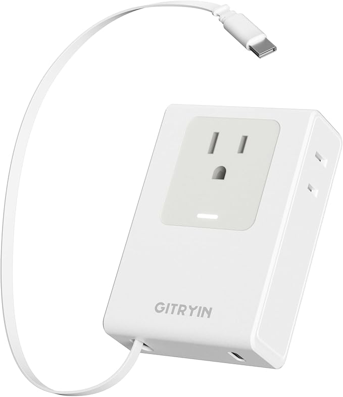 Flat USB C Wall Charger with 31.5in Retractable Type-C Cable, 5-in-1 Slim Wall Charger, 40W Fast Charging Power Plug with 3 Outlets 1 USB C Port, Type A Power Adapter for US to Japan Travel