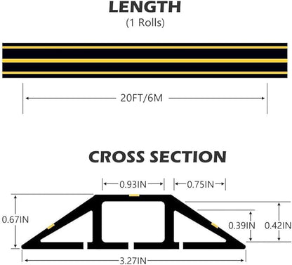 20Ft Cord Covers for Wires on Floor, 3-Channel Floor Cord Cover with Anti-Slip Base & Yellow Warning Strips, Extension Cord Covers for Floor, Ideal for Home, Office, Outdoor Use