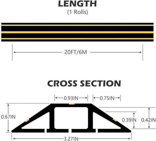 20Ft Cord Covers for Wires on Floor, 3-Channel Floor Cord Cover with Anti-Slip Base & Yellow Warning Strips, Extension Cord Covers for Floor, Ideal for Home, Office, Outdoor Use
