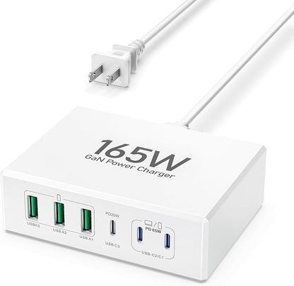 165W USB C Charging Station Hub, 6 Port PD GaN Fast Wall Charger Block Type C Laptop Power Adapter Charger Cube Brick for MacBook Pro/Air,iPad Pro,iPhone16 15 14 13 12, AirPods4，watch10 ultra2