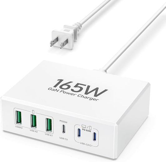 165W USB C Charging Station Hub, 6 Port PD GaN Fast Wall Charger Block Type C Laptop Power Adapter Charger Cube Brick for MacBook Pro/Air,iPad Pro,iPhone16 15 14 13 12, AirPods4，watch10 ultra2