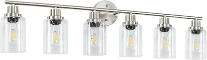 Guliaofo 6-Light Nickel Bathroom Vanity Lights, E26 Modern Bathroom Light Fixtures with Clear Glass Shade, Wall Lamps for Mirror Hallway Kitchen Cabinet Living Room Sconces Lights