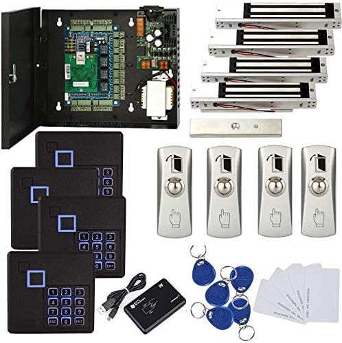 MENGQI-CONTROL 4 Doors RFID/Password Door Lock System Smart Access Control Keyless Entry Systems Keypad Reader Electric Magnetic Lock 110V Power Supply Box (Phone APP Remote Open Door)