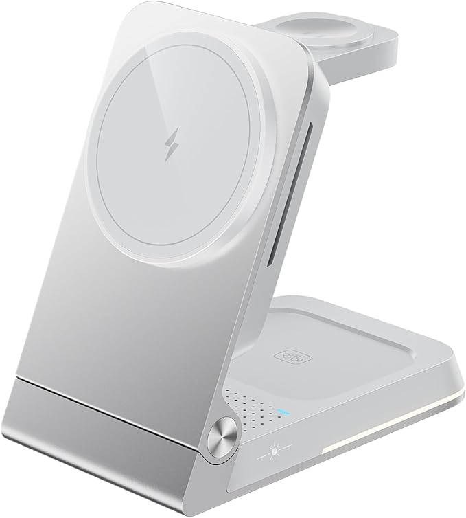 Aluminum 3 in 1 Wireless Charging Station,Foldable Wireless Charger for Apple Magsafe with Light,Portable Travel Magnetic Charger Stand for iPhone 16/15/14,Watch,Airpod, Include PD 20W Adapter & Case