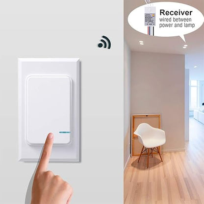 Thinkbee Wireless Light Switch and Receiver Kit, Mini Remote Control Switch with Wall Plate for Ceiling Lights, Lamps, Lighting Fixture, No Wiring No WiFi Needed, Outdoor 1969ft Indoor 328ft RF Range