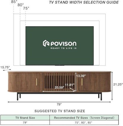 POVISON Fully-Assembled Mid Century Modern Black TV Stand with White Matte Travertine Stone Tabletop & LED Lights, Rolling Door Media Console, Wood TV Console for Living Room