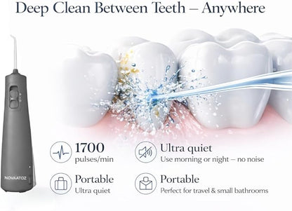 NOVAATOZ HydroAdvance Cordless Water Flosser for Teeth & Gums | Rechargeable Portable Oral Irrigator for Braces & Travel | Pulse Cleaning with 2 Flossing Tips | Waterproof Dental Care Device (Gray)