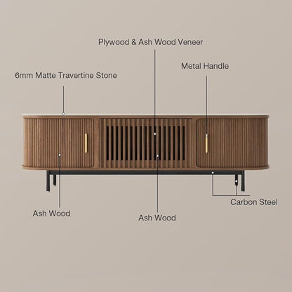 POVISON Fully-Assembled Sliding Tambour Door TV Stand, Mid Century Modern Sintered Stone TV Console, Wood Media Console for 75 Inch TV, Entertainment Center with Storage Cabinet (Walnut, 78.74")
