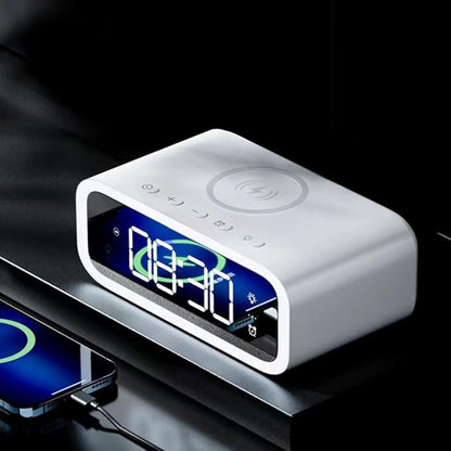 IHAO 5in1 Multi-Functional Alarm Clock with Wireless Charging 15W Fast Charger for Phone & Earbuds 3 Group Alarms, Dimmable Night Light, USB Port, Digital Clock Adjustable Light Mini Mirror QXF-805