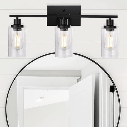 WINSHEN Wall Sconce Lighting 3-Light Matte Black Bathroom Vanity Light Fixtures Farmhouse Wall Lamp with Seeded Glass for Kitchen Living Room Mirror