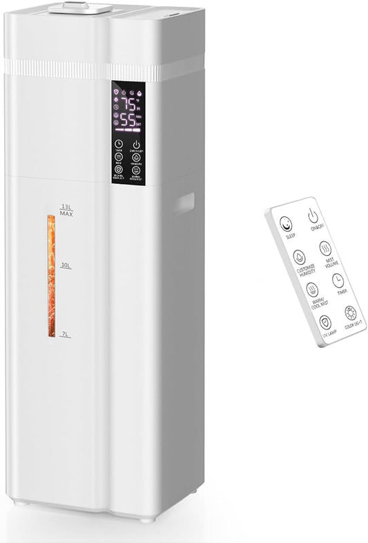 Zeova 13L/3.4Gal Humidifiers for Bedroom, Ultrasonic Warm & Cool Mist Humidifier Large Room, Covers 800ft², 72H Runtime, 24H Timer, 3 Mist Modes Top Fill Quiet Humidifiers for Home, Office, White