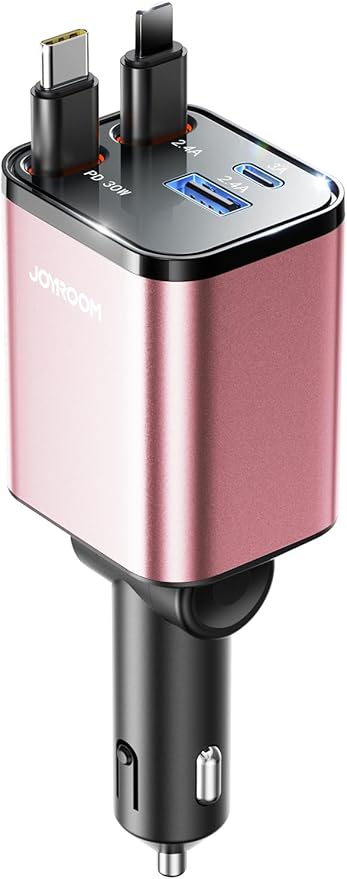 [2025 Upgrade] Retractable Car Charger 4 in 1 [69W Car Charger USB C] iPhone 16 Car Charger Fast Charging, Car Accessories, Car Phone Charger Adapter for iPhone 15 Pro Max, Pixel [Pink]