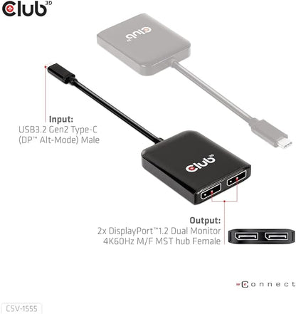 Club 3D CSV-1555 USB3.2 Gen2 Type-C(DP Alt-Mode) to DisplayPort Dual Monitor 4K60Hz M/F MST hub