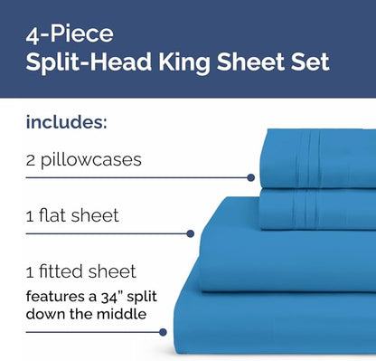 Split Head King Sheet Set – 4 Piece Flex Split Top King Sheets for Adjustable Beds - Fits 14” to 16" Mattress w/ Deep Pockets - Soft, Breathable & Cooling - Luxury Bedding & Wrinkle Free - Denim Blue