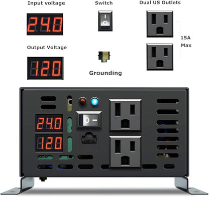 WZRELB 600W 24V 120V Pure Sine Wave Power Inverter with 2 AC Outlets Wired Remote Control (RBP-60024WR)