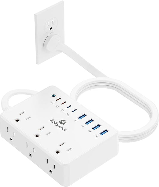 Kakyanill 100W Charging Station, 6 AC Outlets 8 USB Power Strip with 2000J Surge Protector, 5ft Flat Plug Extension Cord, Compact for Desk Home Office Dorm, White