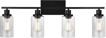 WINSHEN Black 4-Light Bathroom Light Fixtures with Seeded Glass Shade, 31-Inches Length Farmhouse Vanity Lights Over Mirror for Cabinet Kitchen Bedroom