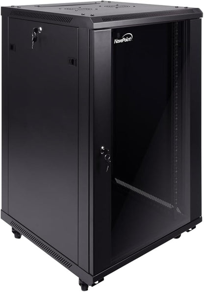 NavePoint 18U Server Cabinet Wall Mount Rack Enclosure with Caster Wheels, 2 Fans, Locking Glass Door, Removable Side Panels – 18U Network Cabinet 23.6” Deep, 19” Server Rack for IT Equipment