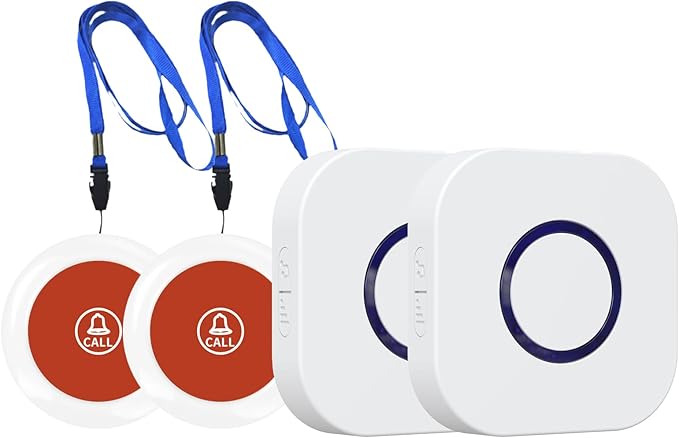 Wireless Caregiver Pager Dual Receiver Home Alert System with Emergency Call Bell SOS Buzzer Buttons for Elderly Parents 1000+ Feet Range 38 Melodies AB Buttons No Monthly Fee 2RX+2TX White