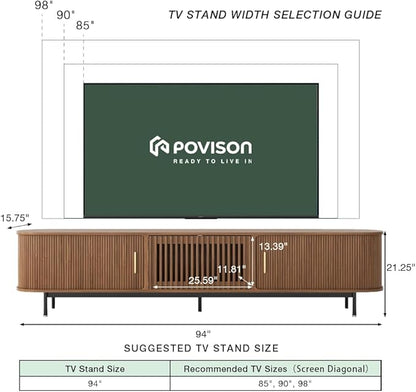POVISON Sliding Tambour Door TV Stand with LED Lights, Mid Century Modern TV Console, Wood Media Console, Entertainment Center with Storage Cabinet, Fully-Assembled (Walnut, 94.49")