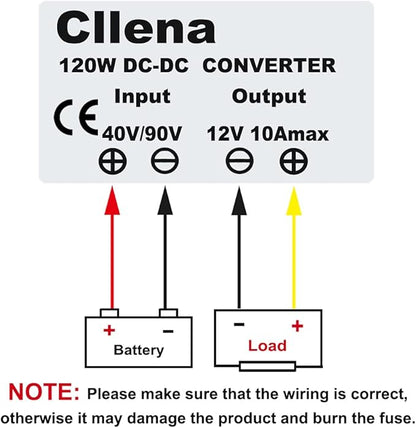 Cllena DC 40V-90V to 12V Converter Voltage Regulator Reducer 48V 60V 72V Step Down to 12V 10A 120W Converter Waterproof Buck Transformer Power Supply for Golf Cart Club Car LED Light
