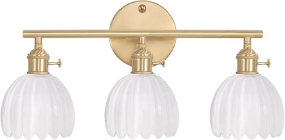 Shenmoyl Bathroom Light Fixtures, 3-Light Brass Vanity Wall Light Over Mirror with White Tulip Glass Shade for Bedroom Living Room (Bulb Not Included)